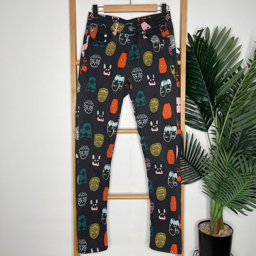 SOLD Gorman x Fred Fowler Face Print Jeans Pants Size 8 Faded Skinny Cotton - Picture 1 of 11